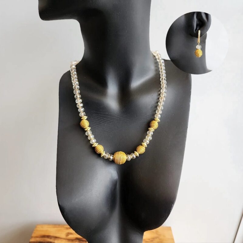 Conjunto Colar + Brincos Cristal com Capim Dourado