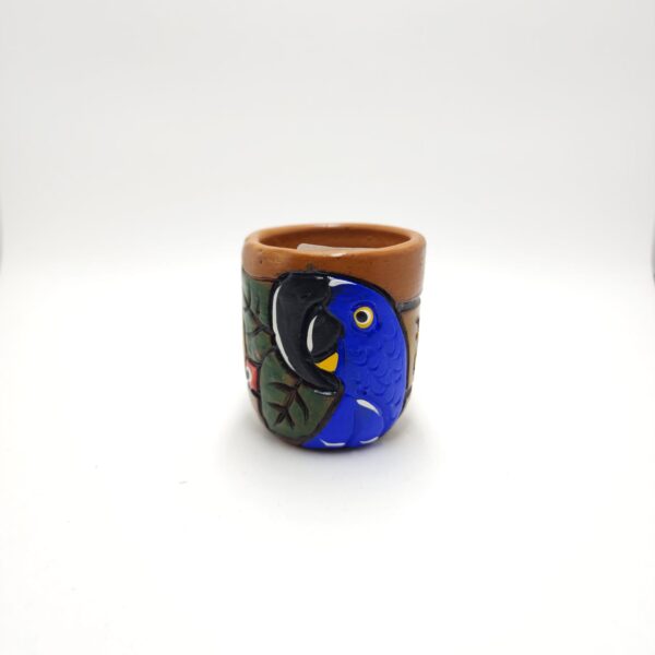 Copinho de Ceramica fauna Arara Azul escrita Jalapão-TO Seleção