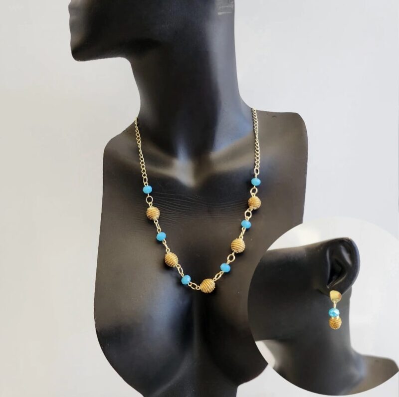 Conjunto Colar + Brinco Cristal com Capim Dourado