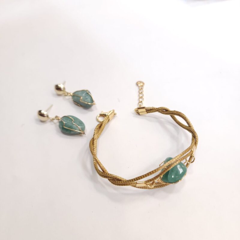 Conjunto Pulseira + Brinco Pedra com Capim Dourado