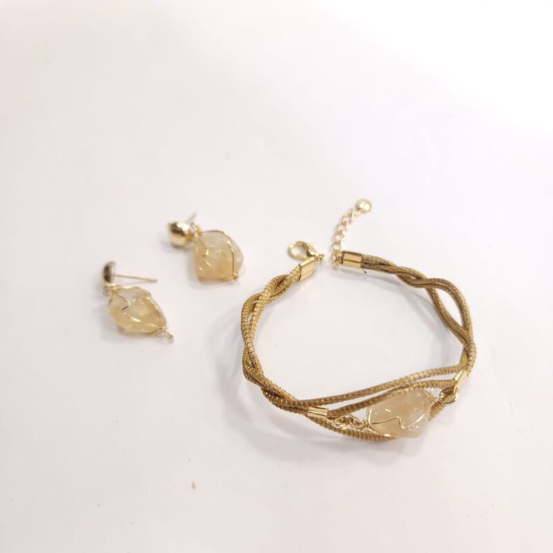 Conjunto Pulseira + Brinco Pedra com Capim Dourado