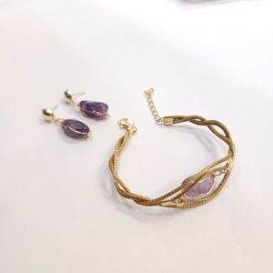 Conjunto Pulseira + Brinco Pedra com Capim Dourado