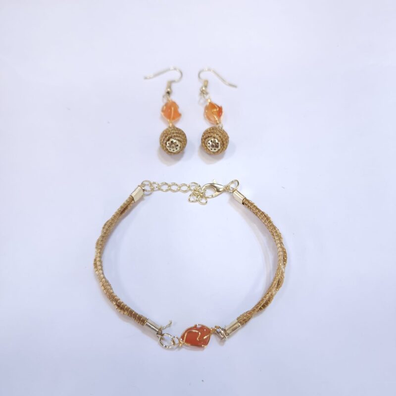 Conjunto Pulseira + Brinco Pedra com Capim Dourado