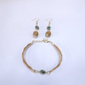 Conjunto Pulseira + Brinco Pedra com Capim Dourado