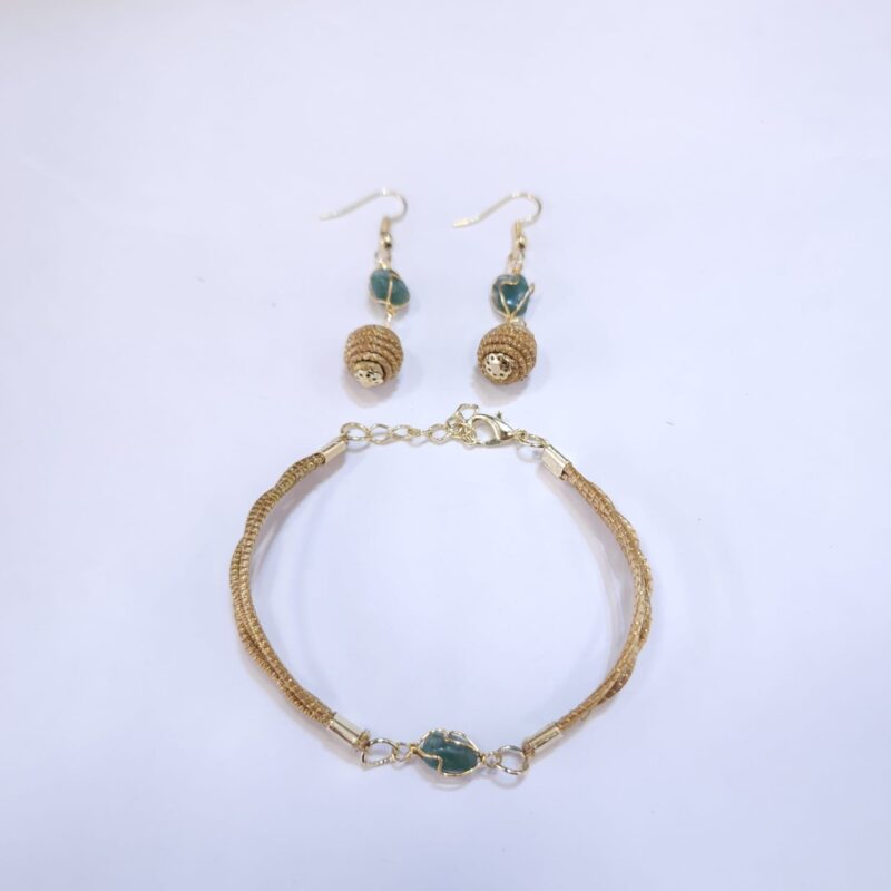 Conjunto Pulseira + Brinco Pedra com Capim Dourado