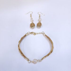 Conjunto Pulseira + Brinco Pedra com Capim Dourado