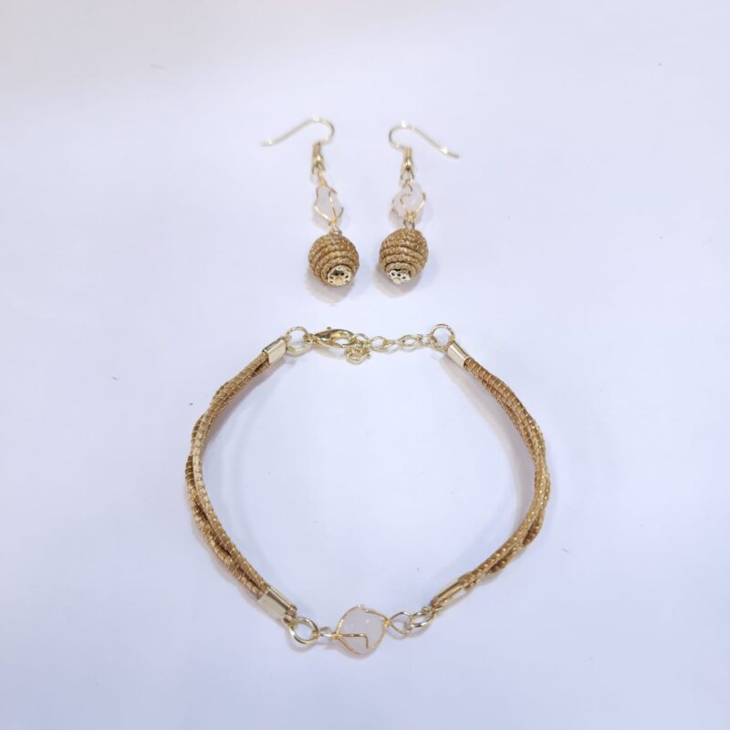 Conjunto Pulseira + Brinco Pedra com Capim Dourado