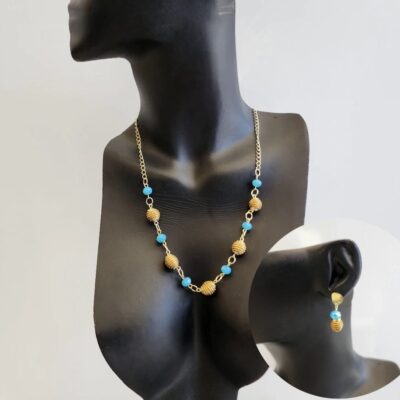 Conjunto Colar + Brinco Cristal com Capim Dourado