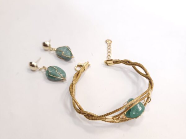 Conjunto Pulseira + Brinco Pedra com Capim Dourado