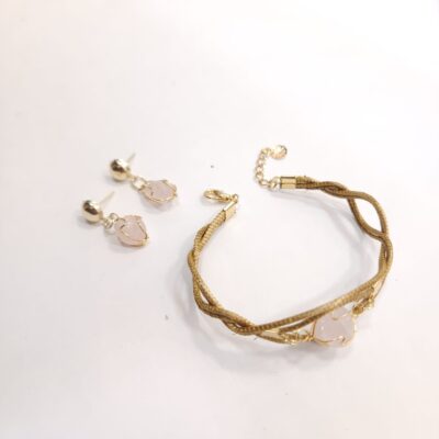 Conjunto Pulseira + Brinco Pedra com Capim Dourado