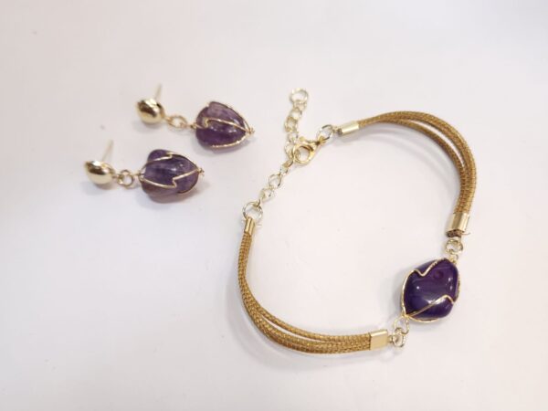 Conjunto Pulseira + Brinco Pedra com Capim Dourado