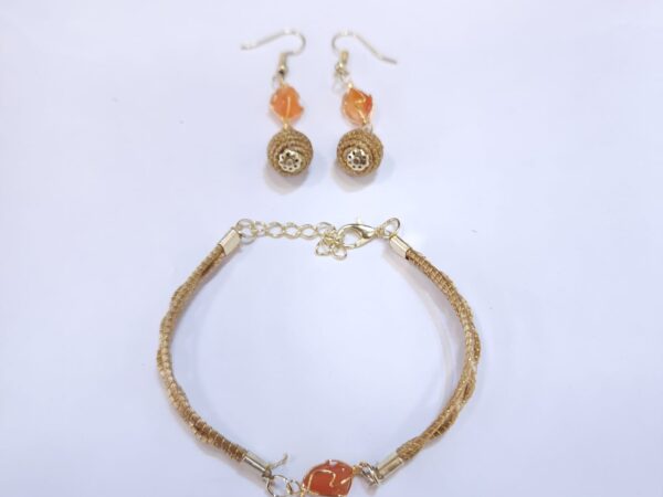 Conjunto Pulseira + Brinco Pedra com Capim Dourado