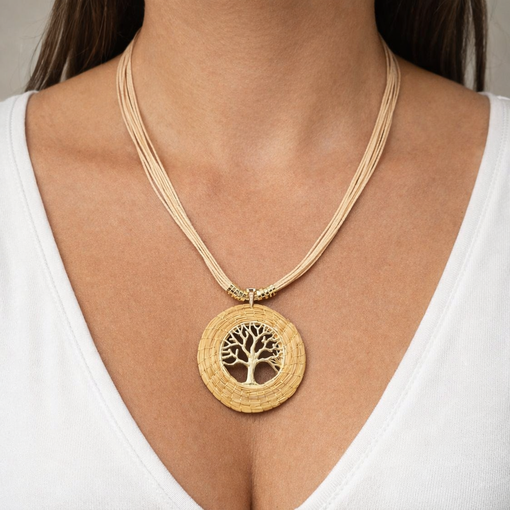 Colar Árvore da Vida Corda cor Natural com Capim Dourado